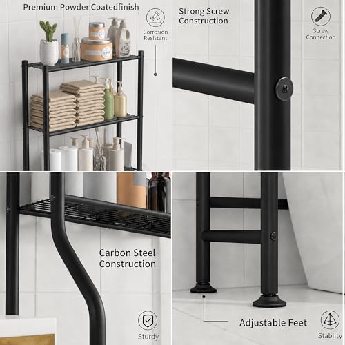 3-Tier Over Toilet Storage, Anti-Tilt, 64" H, Black | Anti-Tilt Safety System, 150lb Capacity, Carbon Steel, Freestanding, No Drilling, Anti-Rust Coating, Paper Holder & 4 Hooks