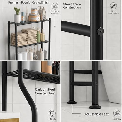 3-Tier Over Toilet Storage, Anti-Tilt, 64" H, Black | Anti-Tilt Safety System, 150lb Capacity, Carbon Steel, Freestanding, No Drilling, Anti-Rust Coating, Paper Holder & 4 Hooks