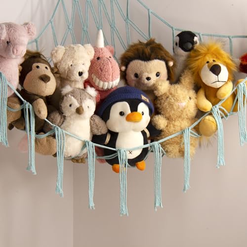 Stuffed Animal Hammock-Large Stuffed Animal Net For Toys Corner-Hanging Stuff Animal Toy Storage Organizer For Plush Plushie Display Light Blue Girl Room Bedroom Boho Nursery Decor Toy Storage