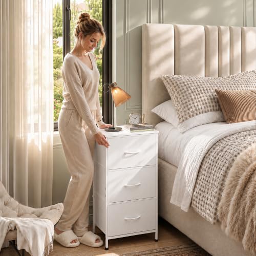 WLIVE Small Dresser Nightstand for Bedroom, 3 Drawers, White | 3 roomy fabric drawers, Compact nightstand, Bedroom or closet use, Chest of drawers, Dresser for small spaces