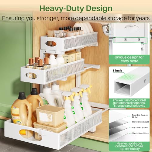 Kitstorack Under Sink Organizer 3-Tier Slide Out Drawer for Bathroom 2-Pack | Height Adjustable, Metal Mesh Storage Rack, Pull out Cabinet Organizer Shelf for Kitchen Pantry Home Laundry Organization