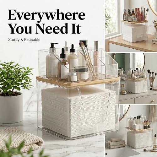 Disposable Facial Towels Holder, 2 in 1 Facial Towels Storage Box | Clear Acrylic Box with Bamboo Lid Stackable Vanity Organizer Cosmetics Organizer Compatible with Clean Skin Club Towel XL
