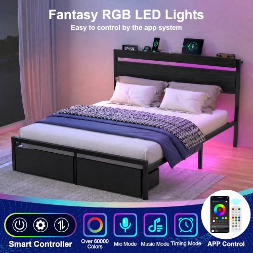 Full Bed Frame with Drawers, Platform Bed with LED Lights & Charging Station, Wood Headboard, Strong Metal Slats Support, No Box Spring Needed, Noise Free, Easy Assembly