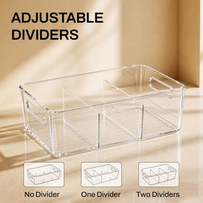 6-Pack Pantry Organizers and Storage, Clear Fridge Organizer Bins | Clear stackable plastic bins with removable dividers for packets, snacks, pouches and spices in pantry, fridge or freezer.