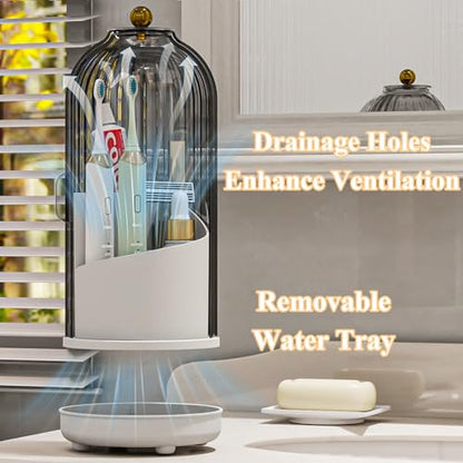 Drainable Toothbrush Toothpaste Holders with Cover, Grey White | Drainage Holes, Waterproof and Dustproof, 360° Rotating Base, Sliding Door, for Bathroom Counter