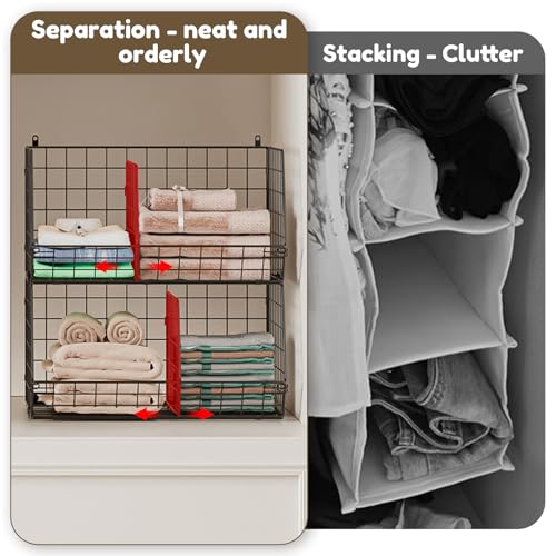 4 Tier Hanging Closet Organizer with Dividers,Extra Large Storage Hanging Shelf with 5 S Hooks 4 Dividers,Hang on Wire Closet Shelving Clothes Organizer-Black