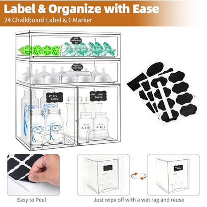 Baby Bottle Organizer, 4 Pack Stackable Storage Drawers with Labels, Clear Station Organizers Container for Pacifiers, Pump Parts, Desk Organizer Bins for Bathroom, Cabinet, Pantry, Vanity, Countertop