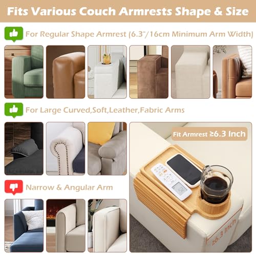 Couch Cup Holder Tray, 3 in 1 Couch Arm Trays,Large Bamboo Chair Arm Rest Tray with 360° Cup Holder,Removable Anti-Slip Organizer for Snack Eating