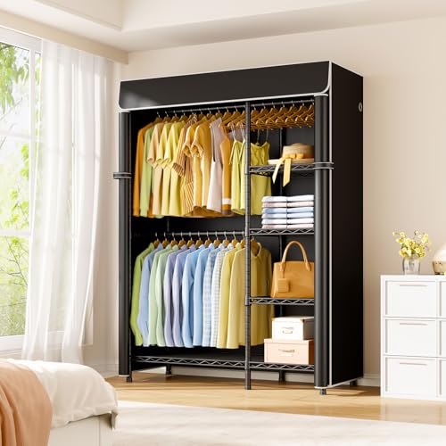 F2C Clothes Rack with Cover, Black Clothing Racks Heavy Duty | Garment Rack with Shelves for Hanging Clothes, Metal Portable Closet System, 47.2"W x 16.5"D x 78.3"H, Load 630lbs