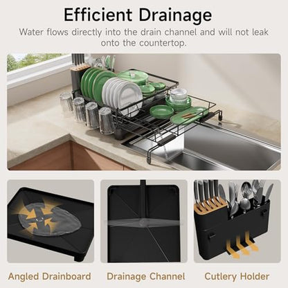 Dish Drying Rack - Expandable Large Dish Rack Over Sink | Drying Dish Drainer for Kitchen Counter, Stainless Steel Dish Strainer with Utensil Holder & Cup Holder, Black