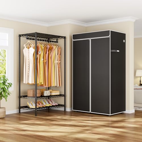 H5C Clothes Rack with Cover, Covered Clothing Rack Heavy Duty | Garment Rack with Shelves, 3-Tier Portable Closets for Hanging Clothes, Max Load 360LBS, Black Closet Racks with Black Cover
