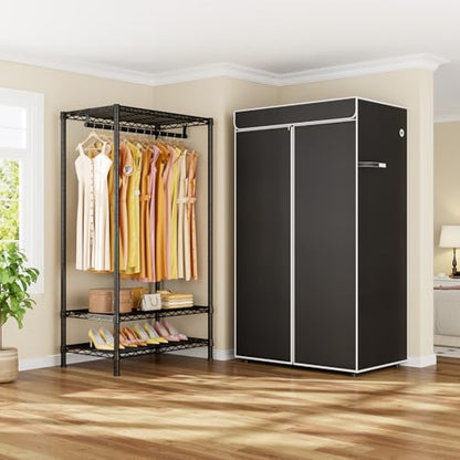 H5C Clothes Rack with Cover, Covered Clothing Rack Heavy Duty | Garment Rack with Shelves, 3-Tier Portable Closets for Hanging Clothes, Max Load 360LBS, Black Closet Racks with Black Cover