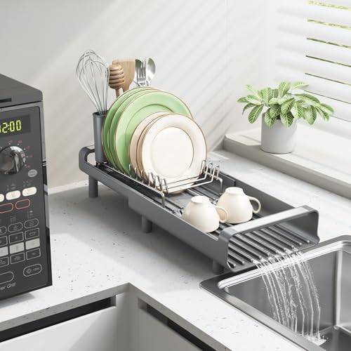 TOOLF Small Dish Drying Rack, Expandable and Space-Saving, Gray | Mini Dish racks for kitchen counter, Compact Design Fits Sink or Counter, Stainless Steel Plate Rack, 11"-19.3"L×7.7"W×3.54"H