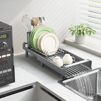 TOOLF Small Dish Drying Rack, Expandable and Space-Saving, Gray | Mini Dish racks for kitchen counter, Compact Design Fits Sink or Counter, Stainless Steel Plate Rack, 11"-19.3"L×7.7"W×3.54"H