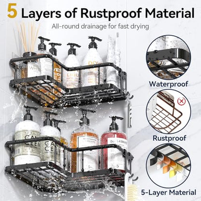 Corner Shower Caddy Adhesive, 100% Rustproof Shower Organizer with Soap Holder, No Drill Shower Shelf for Inside Shower, Wall-Mounted Shower Storage for Homes (3 Pack, Black)