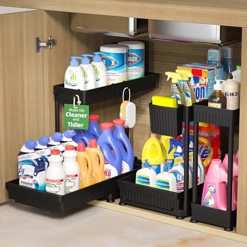 3-Pack 2-Tier L-Shaped Under Sink Organizers with Sliding Drawers | Multi-use kitchen & bathroom storage, 12.85 inch black cabinet organizer, space-saving sliding drawer design.