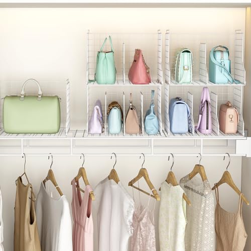 Purse Organizer for Closet:Adjustable 2-Pack Dividers Purse Organizer-Stackable Wire Handbags Storage Baskets-Open Cabinets Wallets Tote Chain Bags Clutches-White