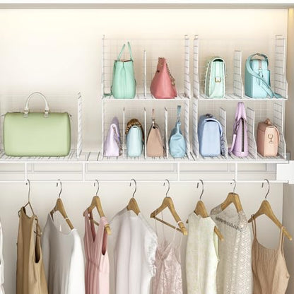Purse Organizer for Closet:Adjustable 2-Pack Dividers Purse Organizer-Stackable Wire Handbags Storage Baskets-Open Cabinets Wallets Tote Chain Bags Clutches-White