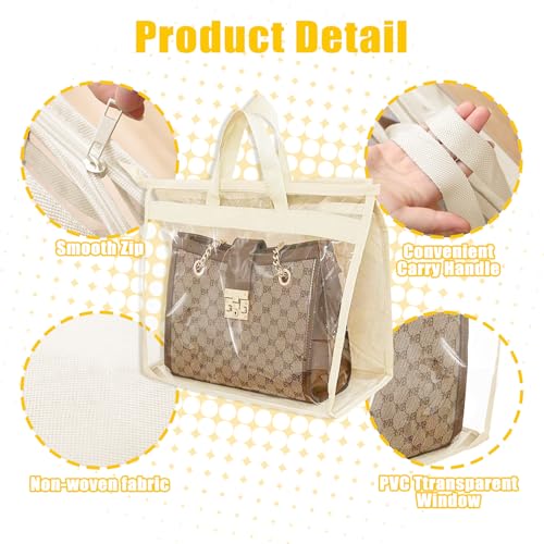 12PC Dust Bags for Handbags with 12 Hooks, Clear PVC Handbag Storage Dust Bags with Zippers and Handles, Plastic Hanging Dust Cover Bag Holder Purse Storage Organizer for Closet (3 Size)