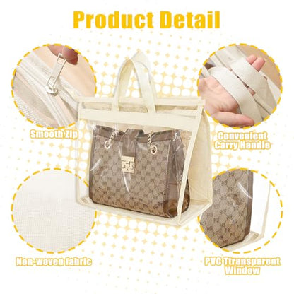 12PC Dust Bags for Handbags with 12 Hooks, Clear PVC Handbag Storage Dust Bags with Zippers and Handles, Plastic Hanging Dust Cover Bag Holder Purse Storage Organizer for Closet (3 Size)