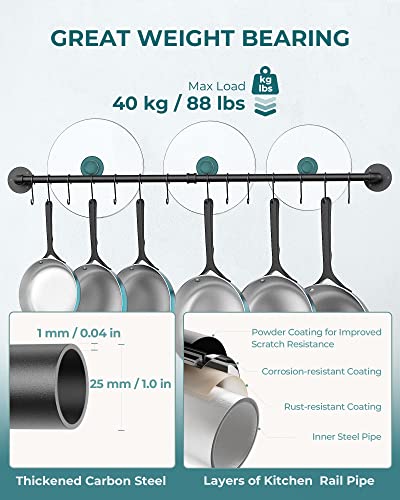 OROPY 38'' Pot Rack Wall Mounted, Iron Pipe Hanging Pot Rack, 14 S Hooks | Industrial Utensils Kitchen Hanging Rail, Pot and Pan Organizer, Pot Lid Organizer, Black