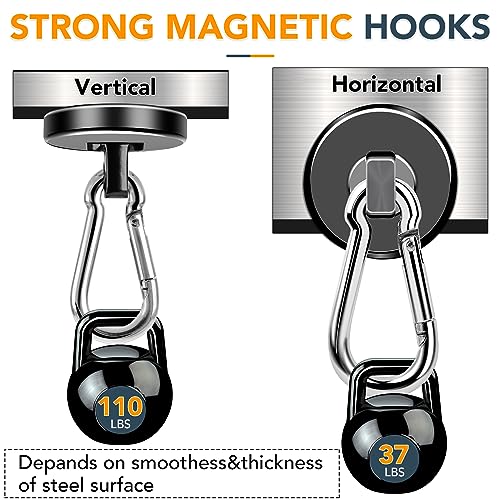 Magnetic Hooks Heavy Duty 110LBS+ Strong Neodymium Magnets | With Swivel Carabiner Hook Black Magnetic Hangers Magnet Hooks for Locker Home Cruise Cabin Office 10 Pack