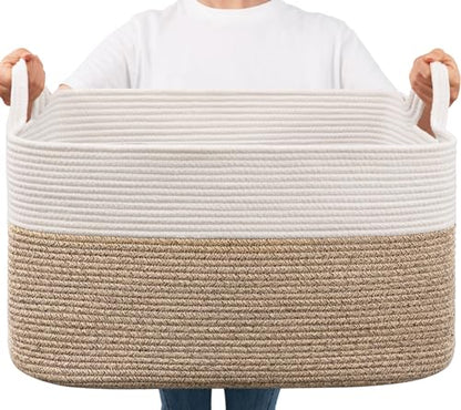 Goodpick Large Woven Rope Blanket Basket, Rectangle, White & Light Brown | 21.6" × 14.9" × 11.8" Storage Basket for Pillows & Toys Laundry, Nursery & Living Room Organization, Reinforced Handles