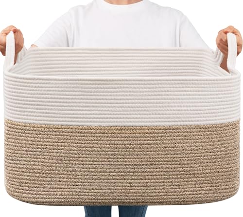 Goodpick Large Woven Rope Blanket Basket, Rectangle, White & Light Brown | 21.6" × 14.9" × 11.8" Storage Basket for Pillows & Toys Laundry, Nursery & Living Room Organization, Reinforced Handles