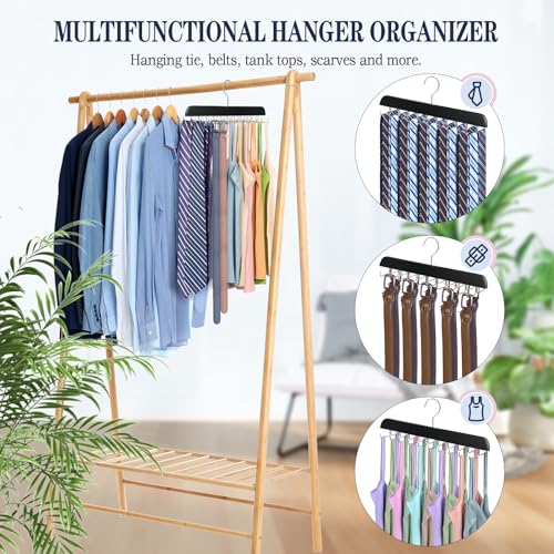 2PC Tie Rack Organizer, Tie Hanger for Closet with 20 Foldable Hooks, Black | Non Slip Neck Tie Organizer, Large Capacity, Space Saving, 360° Rotating Hook, Fits for Tank Tops Bras Cami Scarves