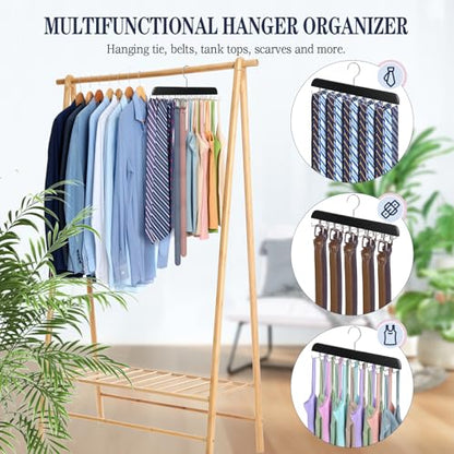 2PC Tie Rack Organizer, Tie Hanger for Closet with 20 Foldable Hooks, Black | Non Slip Neck Tie Organizer, Large Capacity, Space Saving, 360° Rotating Hook, Fits for Tank Tops Bras Cami Scarves