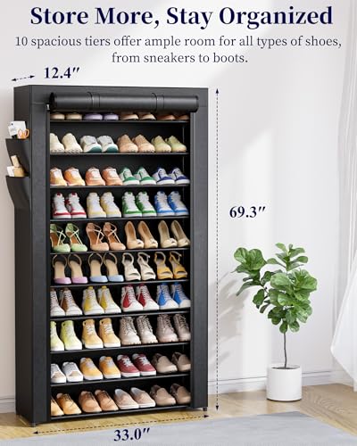 Kitsure 10-Tier Shoe Rack with Cover, Tall Shoe Shelf, 33" Wide, Black | Large Capacity Shoe Storage with Side Pocket, Shoe Organizer for Closet, Entryway, Bedroom, Zapateras Organizer
