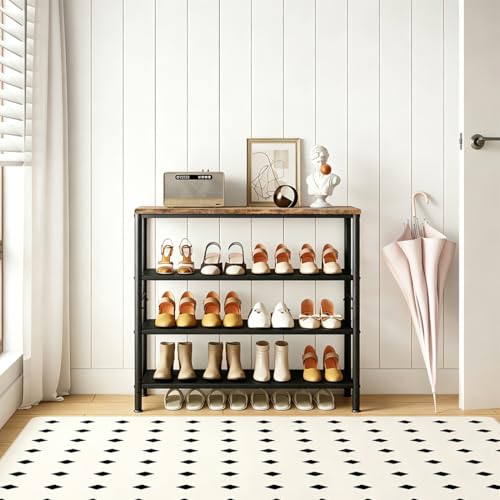 INGIORDAR 4 Tier Shoe Rack Storage Organizer Shelf Top with MDF Board | Space-Saving,with 3 Layer Fabric,stores 16+Pairs of Shoes for Closet,Entryway,Bedroom,Living Room Garage,Black+Rustic Brown