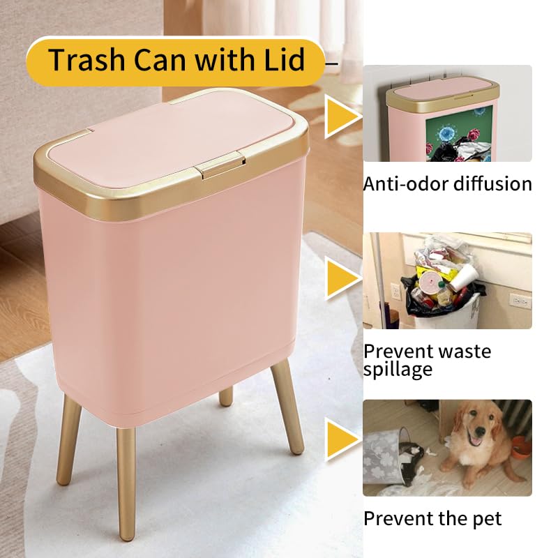 Procade Bathroom Trash Can with Lid,4 Gallon Gold and Pink Garbage Can,Slim | Tall Plastic Trash Bin with Legs and Press Top Lid,Narrow cute Small Waste Basket for Room, Bedroom,Office,Kitchen,RV,Laundry