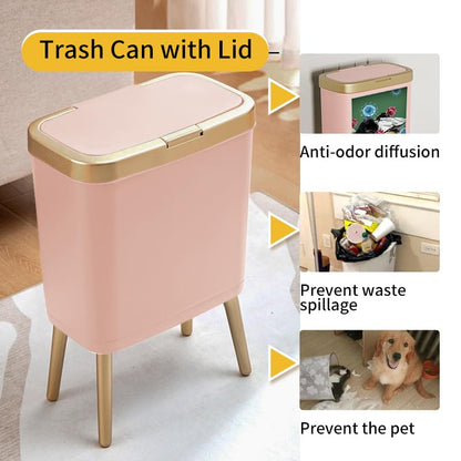 Procade Bathroom Trash Can with Lid,4 Gallon Gold and Pink Garbage Can,Slim | Tall Plastic Trash Bin with Legs and Press Top Lid,Narrow cute Small Waste Basket for Room, Bedroom,Office,Kitchen,RV,Laundry