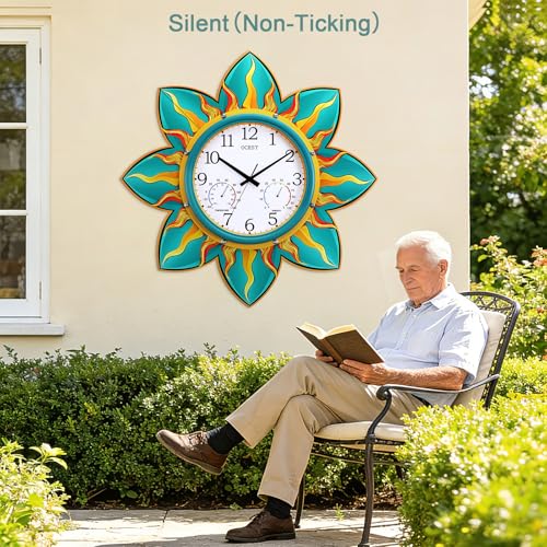 24-in Outdoor Clock Waterproof with Thermometer Hygrometer for Patio | Large Display, Silent, Metal Flame Petal, Weatheproof, Easy to Read, Battery Operated, Garden Pool Garage Porch Outside Decor