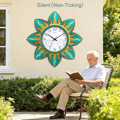 24-in Outdoor Clock Waterproof with Thermometer Hygrometer for Patio | Large Display, Silent, Metal Flame Petal, Weatheproof, Easy to Read, Battery Operated, Garden Pool Garage Porch Outside Decor