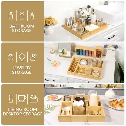5 Pack Bamboo Drawer Organizer Set, Multi-Use Junk Drawer Organizer for Bathroom, Kitchen, Office, Jewelry, Makeup
