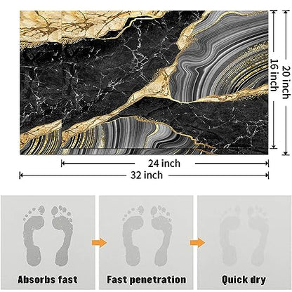 MUGINYU Black and Gold Rug for Bathroom Decor,Black and Gold Bathroom Rugs Sets 3 Piece,Marble Decor Thin Rubber Diatomaceous Earth Quick Dry Rugs with U-Shaped Contour Toilet Mat