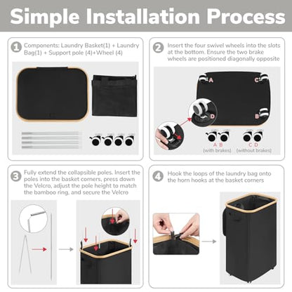 Goodpick 100L Large Rolling Laundry Basket with Wheels and Lid, Black | 17.3" × 13" × 29.5" Collapsible Laundry Hamper for Clothes & Blankets Storage, Removable Wash Bag, Bathroom Organization