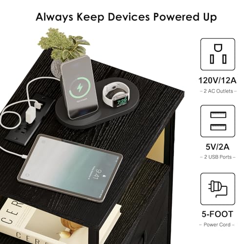 Fixwal Night Stand with Charging Station (2 AC Outlets & 2 U-S-B Ports) LED Nightstand Small Dorm Room Furniture, 2 Fabric Storage Drawers, Bedside Table End Tables Bedroom, Modern Black