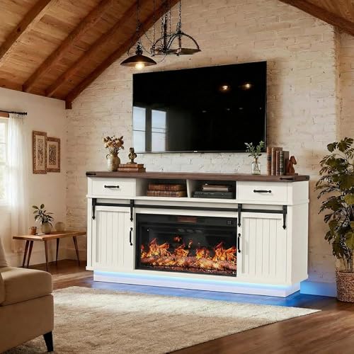 Jocoevol 58" Farmhouse Electric Fireplace TV Stand for TVs up to 65", Entertainment Center with 2 Large Storage Drawers, Sliding Barn Doors, Adjustable Shelves, TV Console for Living Room - White
