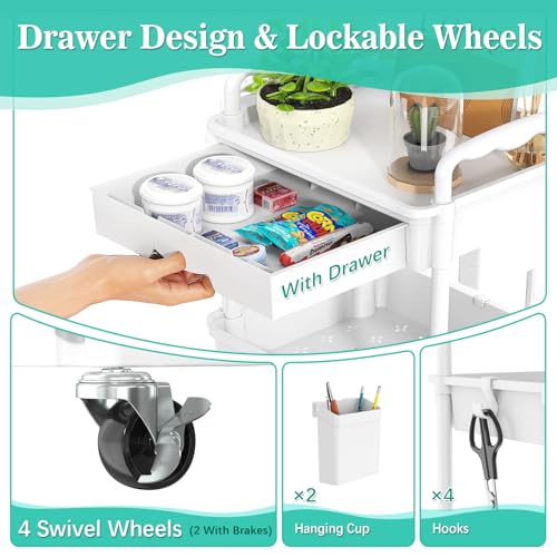 SUNALLY 3 Tier Rolling Cart with Drawer, Craft Storage Cart Organizer,White | Bathroom Storage Organizer with 2 Lockable Wheels, Rolling Utility Cart for Kitchen, Office, Baby, Makeup, Nail,Snack,Laundry
