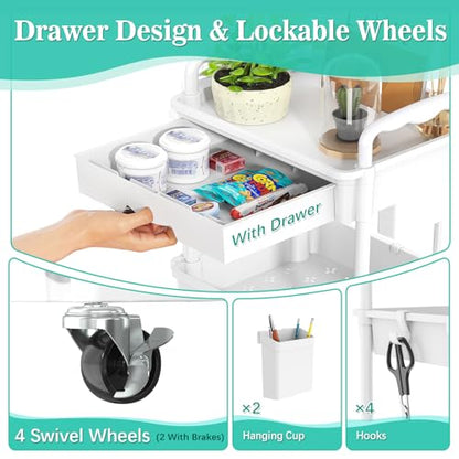 SUNALLY 3 Tier Rolling Cart with Drawer, Craft Storage Cart Organizer,White | Bathroom Storage Organizer with 2 Lockable Wheels, Rolling Utility Cart for Kitchen, Office, Baby, Makeup, Nail,Snack,Laundry