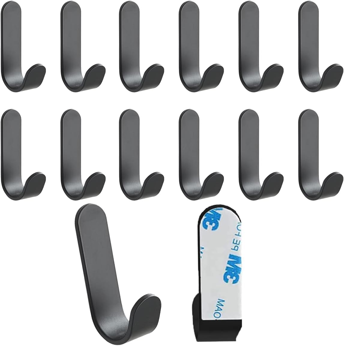 Adhesive Hooks,12 Pcs, Heavy Duty Hold 12Lbs, Stainless Steell Wall Hanger | Black Adhesive Hanger for Hanging, Metal Sticky J Strip Hooks, for Hat, Coat, Picture, Backpack, Garage