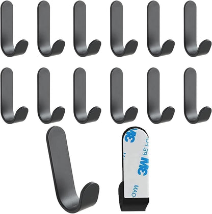 Adhesive Hooks,12 Pcs, Heavy Duty Hold 12Lbs, Stainless Steell Wall Hanger | Black Adhesive Hanger for Hanging, Metal Sticky J Strip Hooks, for Hat, Coat, Picture, Backpack, Garage