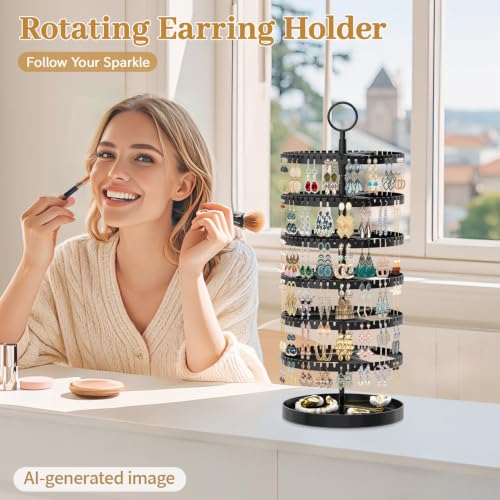 MODOWEY Rotating Earring Holder Organizer Tree Display Stand, 6 Tiers Black | 342 Slots Adjustable Plastic Hanger with Metal Tray for Stud Pierced Hoop, Large Capacity Storage Rack for Women Space-Saving