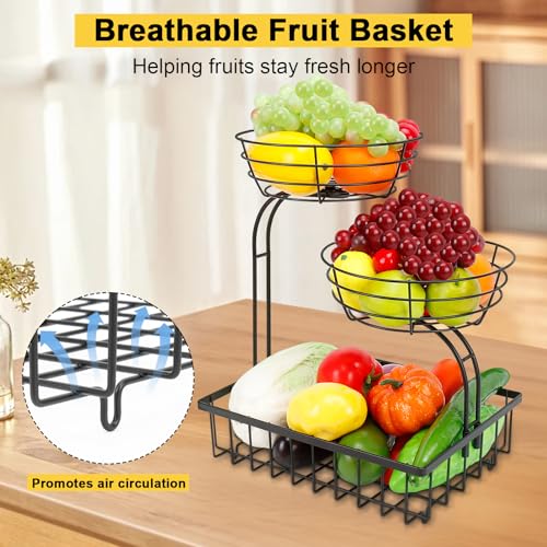 3 Tier Countertop Fruit Vegetable Basket Bowl Storage, Solid Metal Kitchen Counter Organizer for Storing Fruits, Veggies, Bread, Snacks (Black)