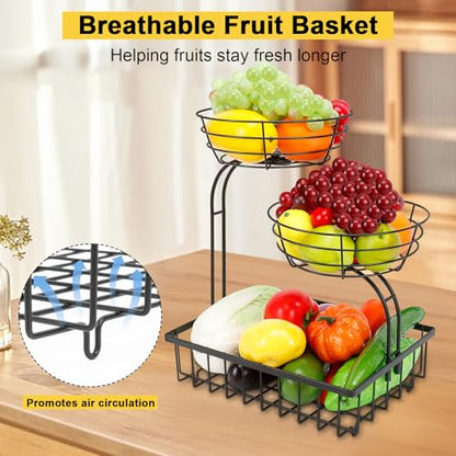 3 Tier Countertop Fruit Vegetable Basket Bowl Storage, Solid Metal Kitchen Counter Organizer for Storing Fruits, Veggies, Bread, Snacks (Black)
