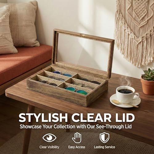 SRIWATANA Sunglasses Organizer, 6 Slots Eyeglass Holder, Carbonized Black | Wood Sunglass Storage Box with Clear Top Lid, Display Holder Case for Eyeglasses, Eyewear & Jewelry, Ideal Gift for Men Women