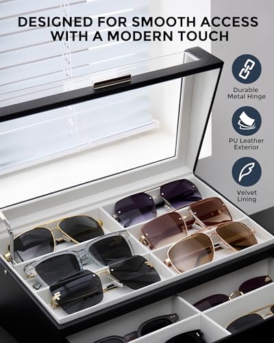 ProCase 12 Slots Sunglasses Box with L-Shaped Clear Lid -Black | Multiple Pairs Glasses Display Organizer Eyewear Eyeglass Eye Glass Storage Holder with Drawer for Men Women